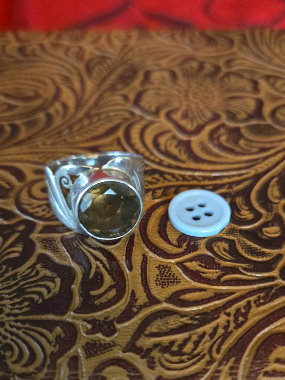Modernist, Midcentury Sterling, Smoky Quartz, sculptural Cocktail Ring & Pouch